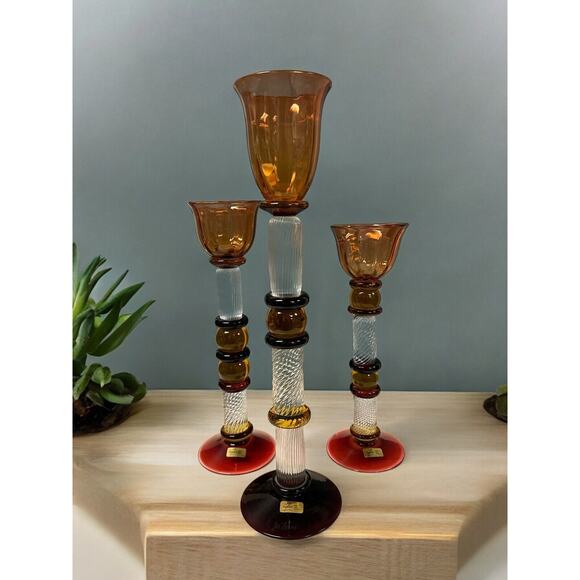 Set Of 3 Signed Czech Glass Z Fusion Art Glass Candlesticks Hand Blown Helix